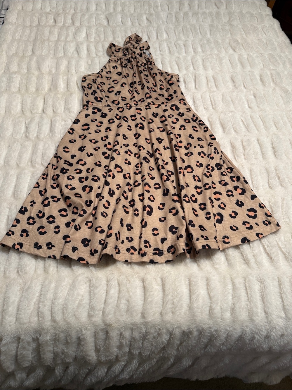 Girls Beige Leopard Halter Swing Dress